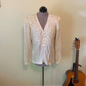 Vintage 90s Cream Colored Crystal Beaded Statement Sweater Size Medium